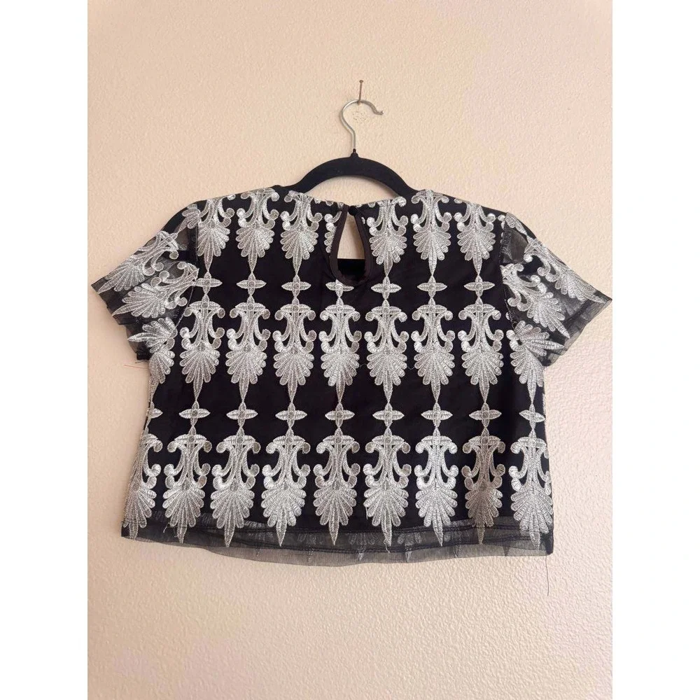 SEEK The Label Black Silver Embroidered Mesh Blouse S Coquette Girl Y2K Festival